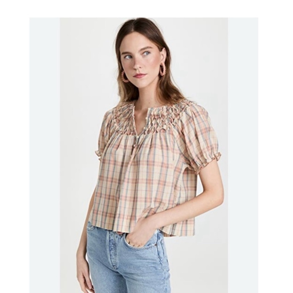 THE GREAT. Hazel Plaid Smocked Blouse